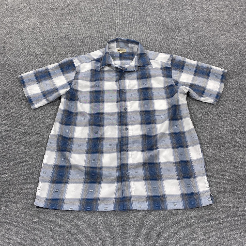 Haggar Shirt Mens‎ Medium Blue Plaid Short Sleeve Button Up Casual Polyester